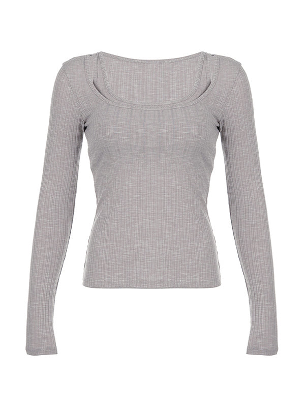 Top in maglia a maniche lunghe in due pezzi a coste vintage grigio