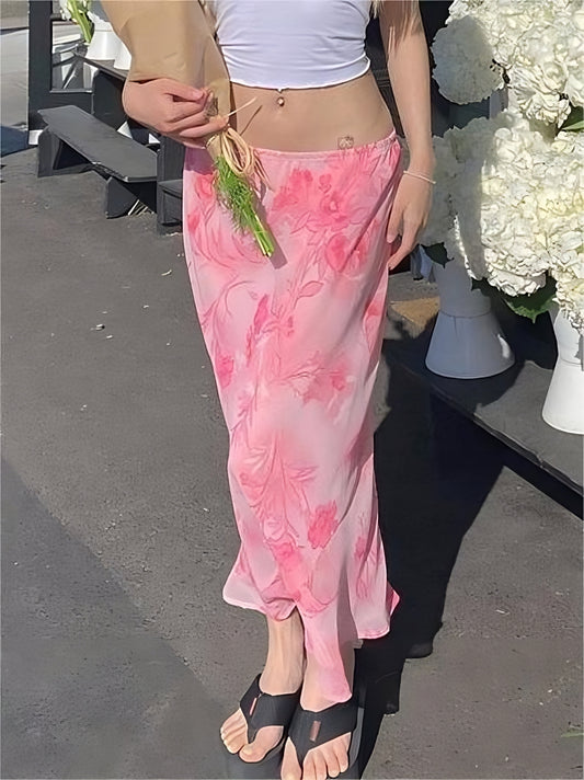ピンクの花柄シフォンミディスカート