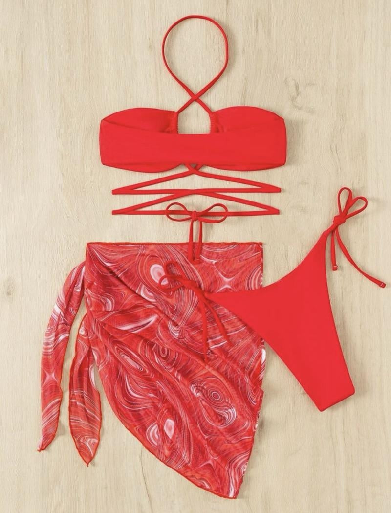 Überkreuzter Dreiteiliger Bikini Badeanzug mit Spitze