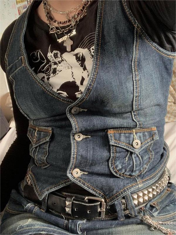 Top corsetto in denim con abbottonatura