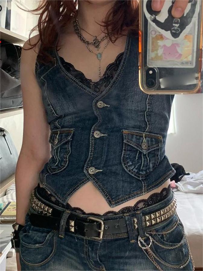 Top corsetto in denim con abbottonatura