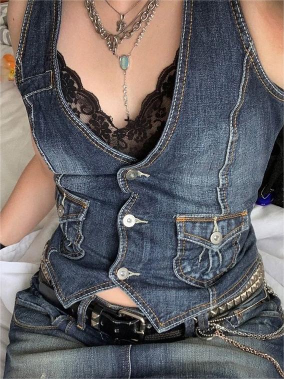 Top corsetto in denim con abbottonatura