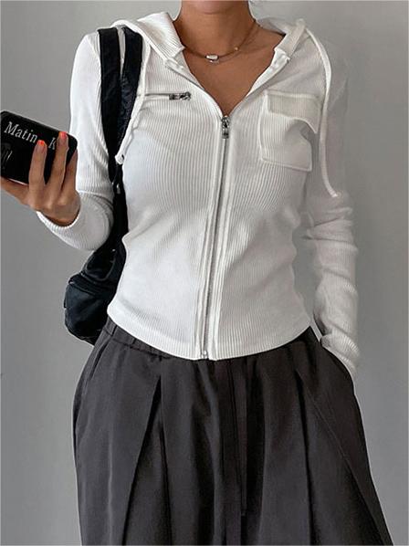 Weißes Cropped Knit Top mit Kapuze und Reißverschluss