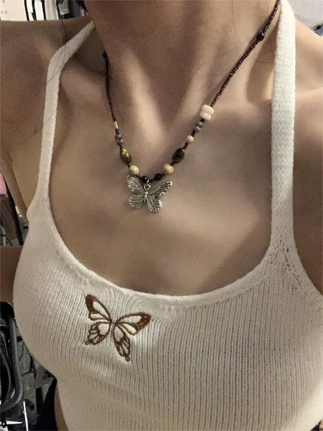 Vintage Schmetterling Halskette mit Perlensteinen