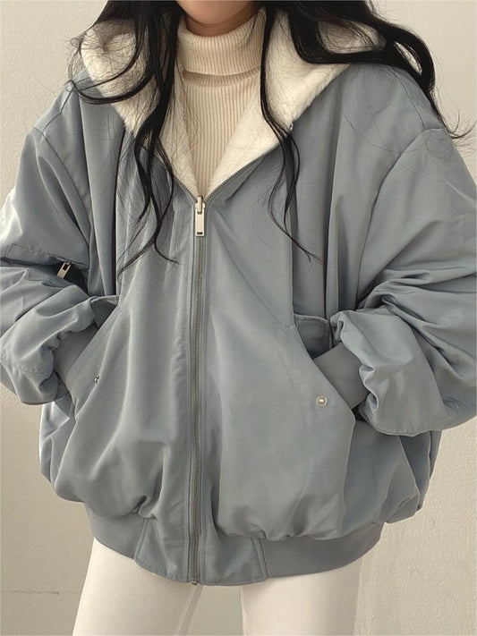 Reversible oversize fleece jacket with hood