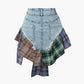 Vintage Asymmetric Checkered Patchwork Denim Mini Skirt