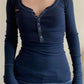 Top vintage con scollo a V a maniche lunghe a costine blu navy