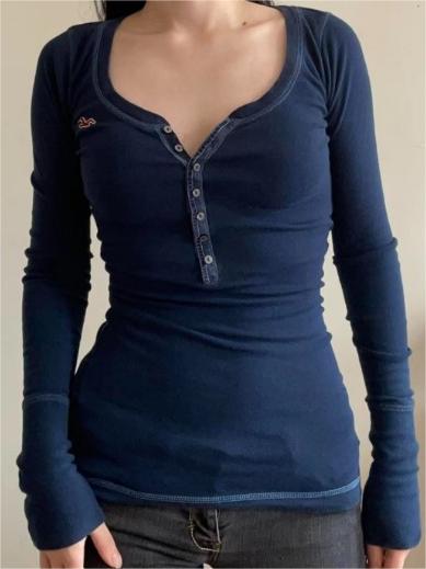 Top vintage con scollo a V a maniche lunghe a costine blu navy