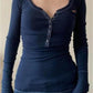 Top vintage con scollo a V a maniche lunghe a costine blu navy