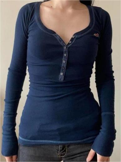 Top vintage con scollo a V a maniche lunghe a costine blu navy