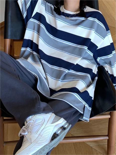 Vintage Oversize Langarm Shirt mit Kontrast Streifen
