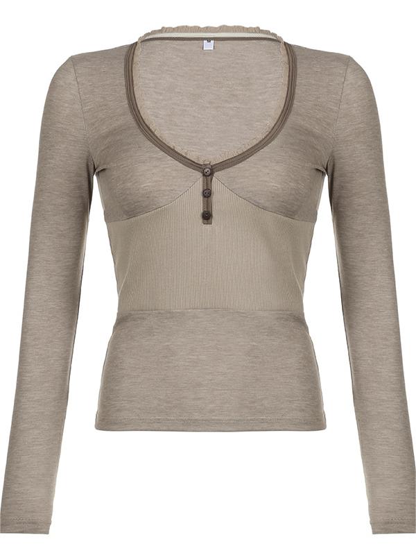 Vintage khaki V-neck long sleeve knit top