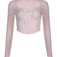 Top in maglia rosa vintage con scollo quadrato e inserto in pizzo