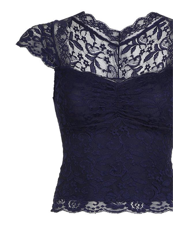 Top a maniche corte vintage in pizzo blu scuro