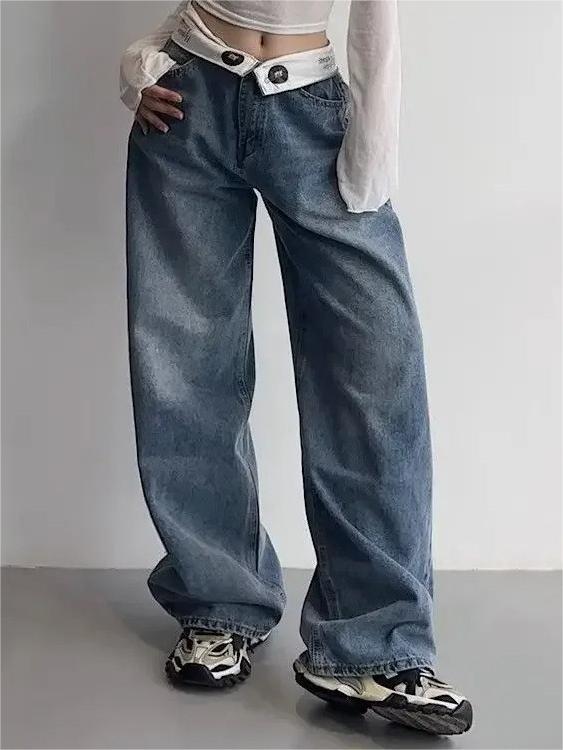 Hip Hop Boyfriend Baggy Jeans with Foldable Waistband