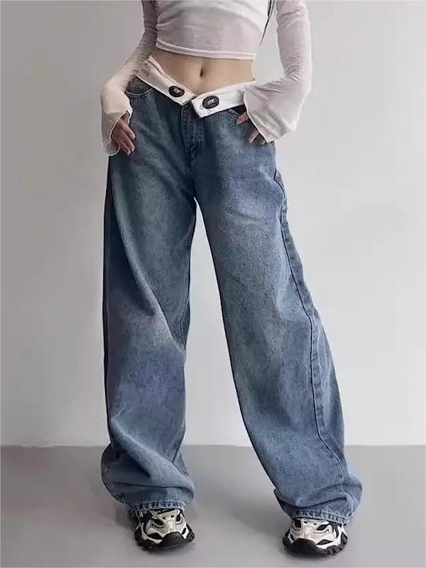 Hip Hop Boyfriend Baggy Jeans with Foldable Waistband