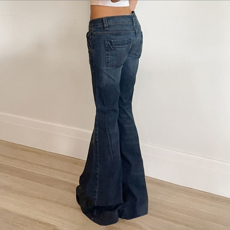 90s blue low waist flared trousers with washed effect