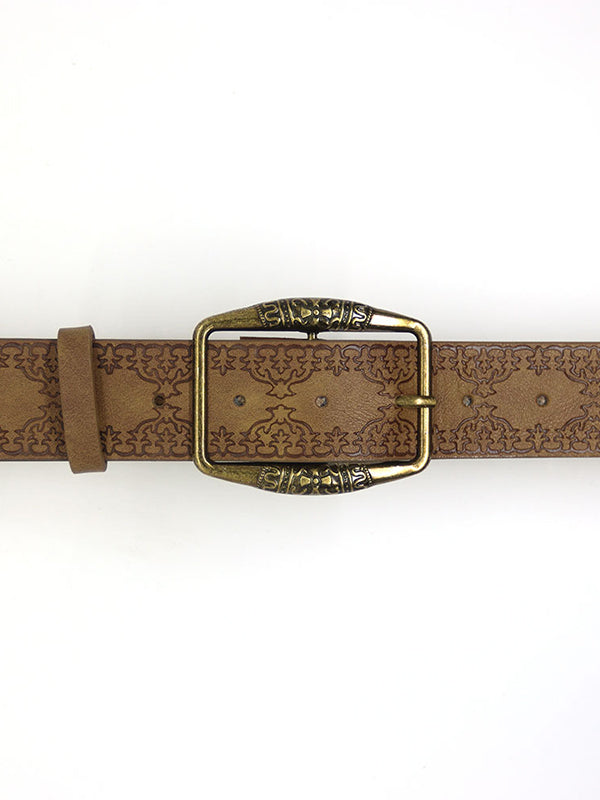 JY Brown Retro Distressed Embossed Ethnic Buckle Belt