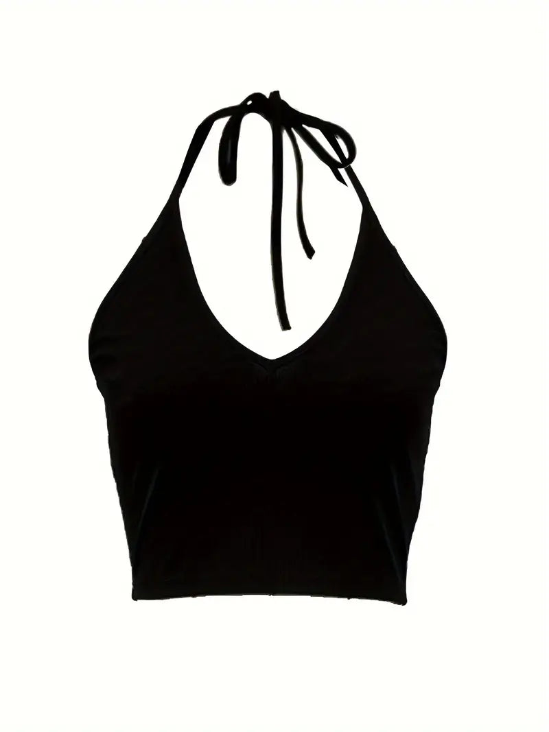 Basic Backless V-Neck Halter Crop Top