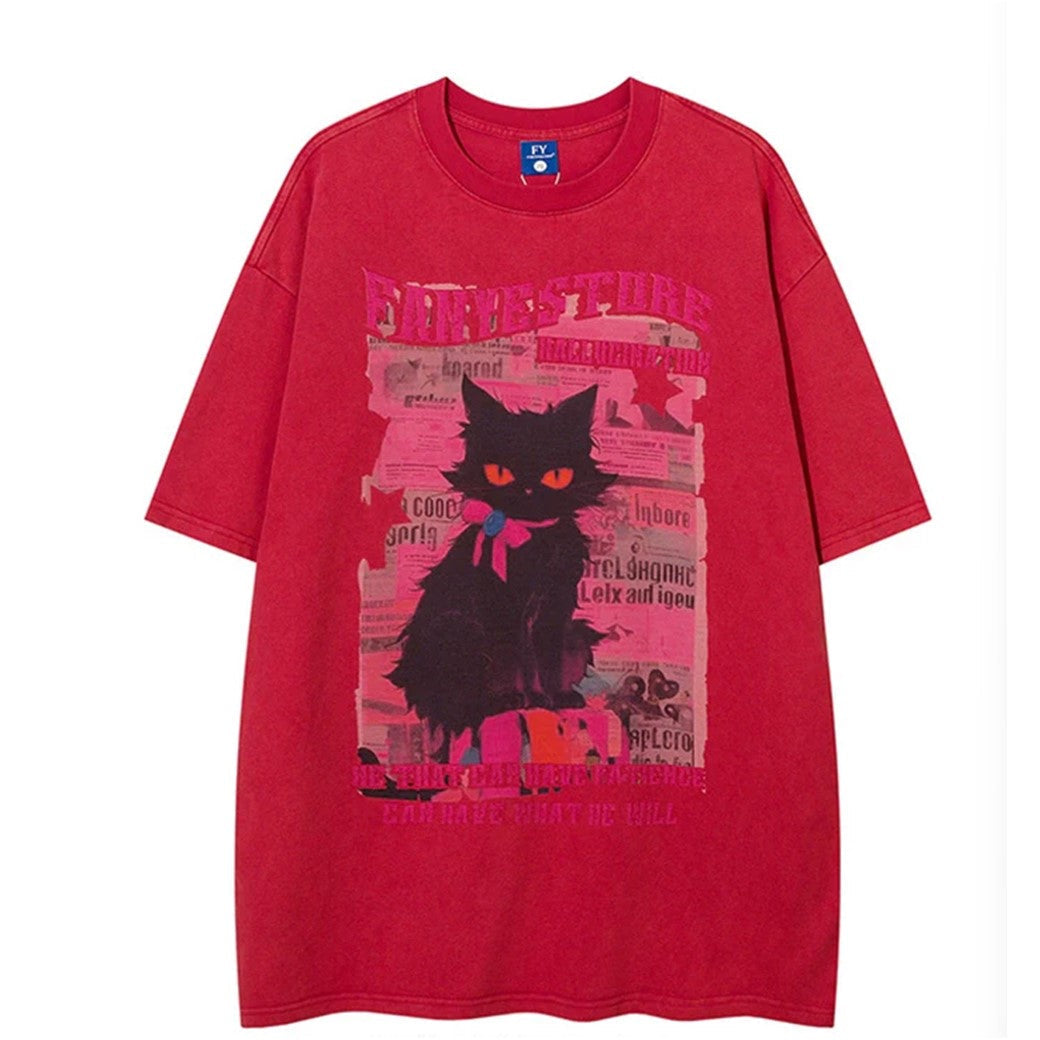 T-shirt a maniche corte con stampa gatto Y2K in colori a contrasto