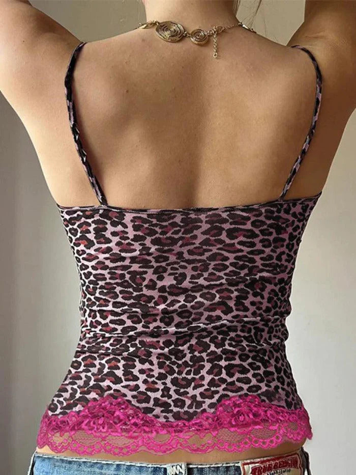 Rosa Vintage Leopardenmuster Spitzenbesatz Cami Top