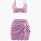 Velvet Texture U-Ring Bikini &amp; Sarong 3 Piece Set