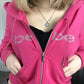 2000s Barbie Pink Hoodie with Letter Rhinestone Print and Zipper in Oversized Style