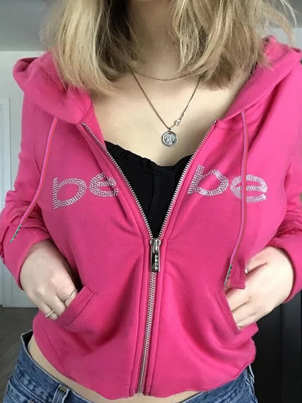 2000s Barbie Pink Hoodie with Letter Rhinestone Print and Zipper in Oversized Style