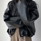 Vintage Black Leather Jacket with Drawstring and Collar Collar