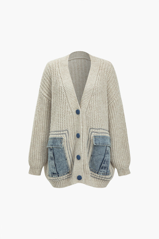 Cardigan patchwork in denim tinta unita anni '90 con bottoni e tasche