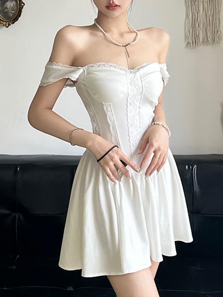 Abito corsetto bianco a trapezio francese con pizzo