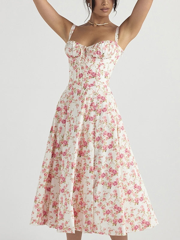 French Floral Print Slim Fit Button Front Midi Dress