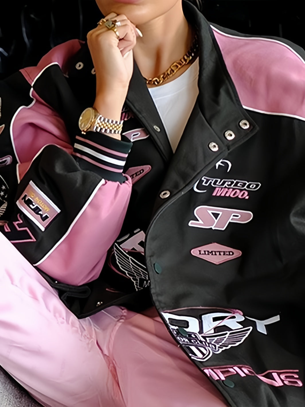 Vintage Black Pink Raglan Moto Jacke mit Gedrucktem Slogan