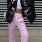 Vintage Black Pink Raglan Moto Jacke mit Gedrucktem Slogan