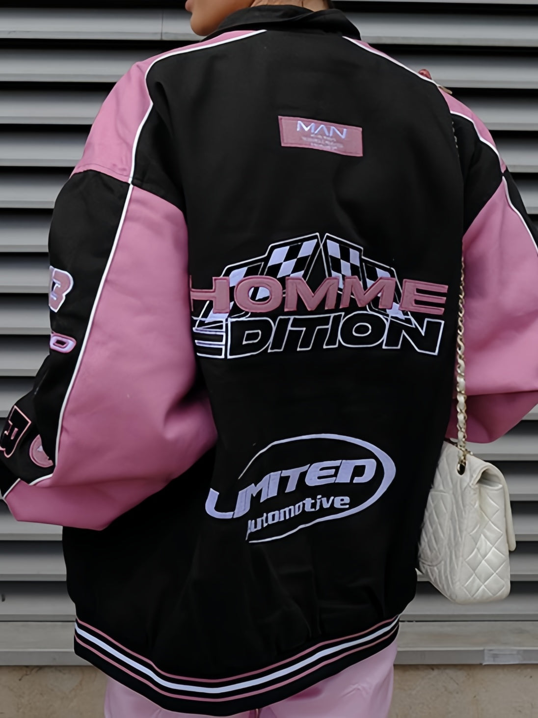 Vintage Black Pink Raglan Moto Jacke mit Gedrucktem Slogan