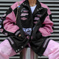 Vintage Black Pink Raglan Moto Jacke mit Gedrucktem Slogan