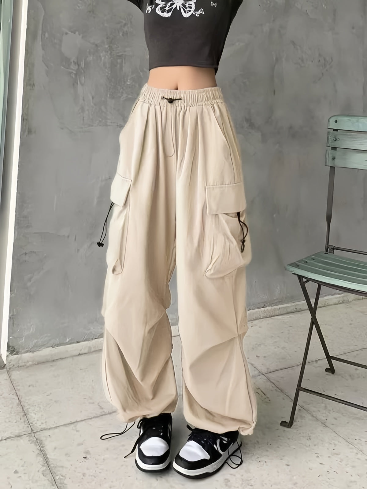 Pantaloni cargo vintage con paracadute larghi Y2K con coulisse