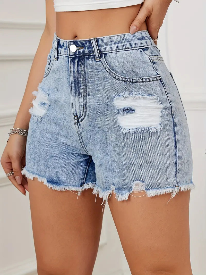 Shorts in denim con strappi e orlo grezzo con lavaggio