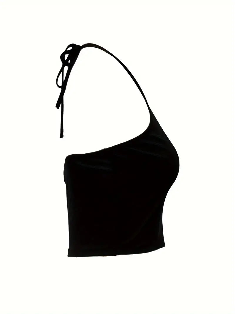 Basic Rückenfreies V-Ausschnitt Halfter Crop Top