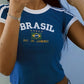 Top corto con finiture con stampa Brasil blu Y2K