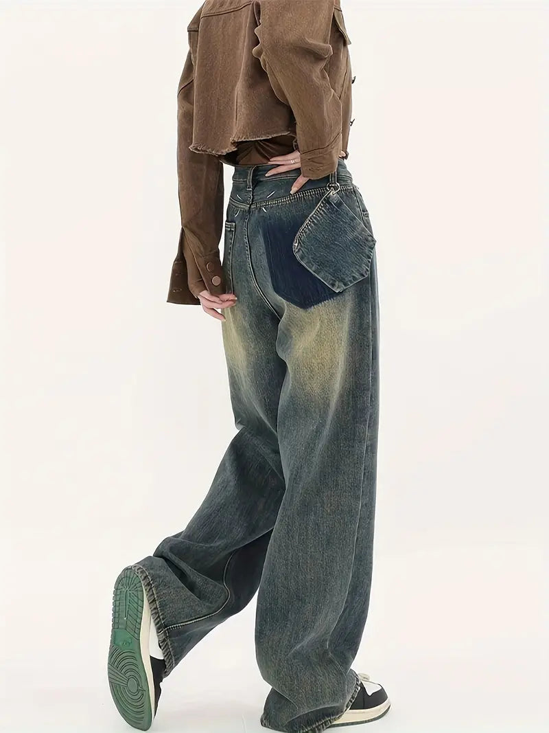Vintage Distressed Baggy Boyfriend Jeans mit Einschnitttaschen