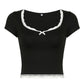 Vintage Bow Lace Trim Slim Crop Top with V Neck