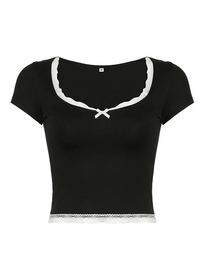 Vintage Schleifen Spitzenbesatz Slim Crop Top mit V Ausschnitt