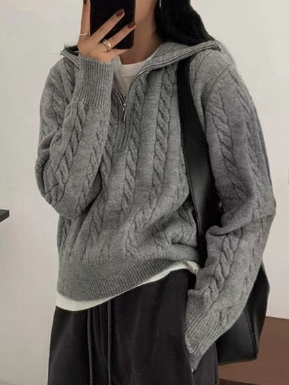 Einfarbiger Vintage Reverskragen Halb Reißverschluss Strickpullover