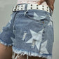 Blaue Y2K Sternenmuster Zerrissene Low Rise Denim Shorts