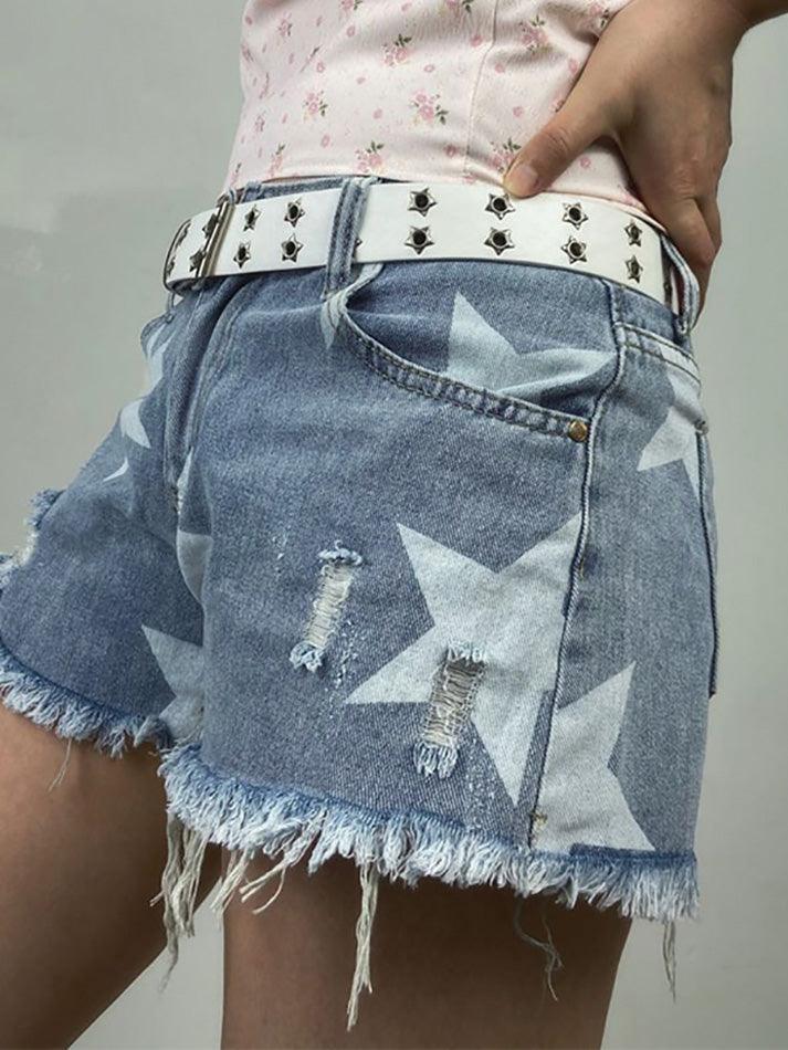 Blaue Y2K Sternenmuster Zerrissene Low Rise Denim Shorts