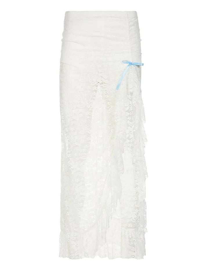 White Vintage Sheer Lace Midi Skirt