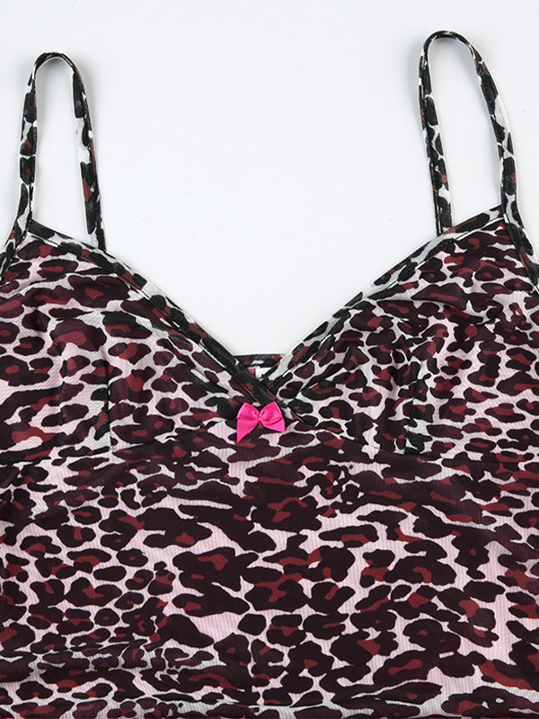 Vintage camisole top with lace trim and leopard print