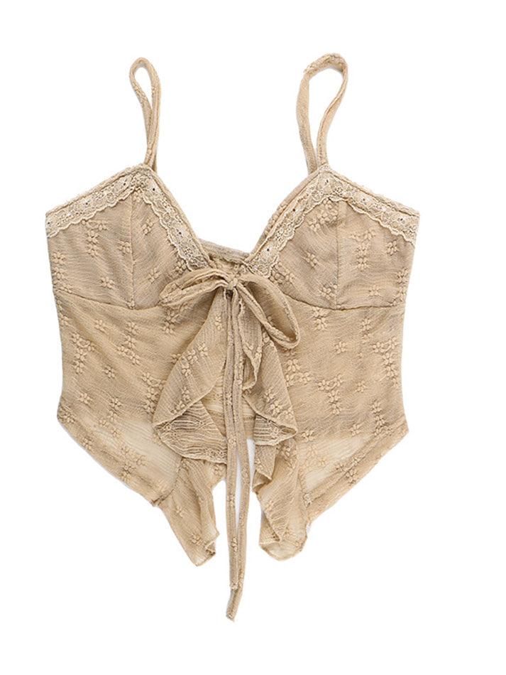 Beige Y2K Spitze Rüschensaum Geknotetes Strick Crop Top