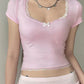 Vintage Bow Lace Trim Slim Crop Top with V Neck